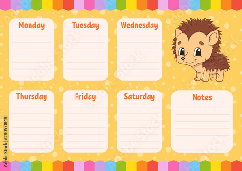School schedule. Timetable for schoolboys. Empty template. Weekly planer with notes. Isolated color vector illustration. Funny character. Cartoon style.