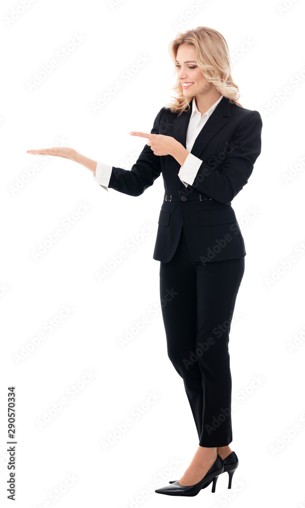 Happy businesswoman, showing something, some product or blank copyspace area for advertise slogan or text message, isolated over white background Happy businesswoman, showing something, some product or blank copyspace area for advertise slogan or text message, isolated over white background