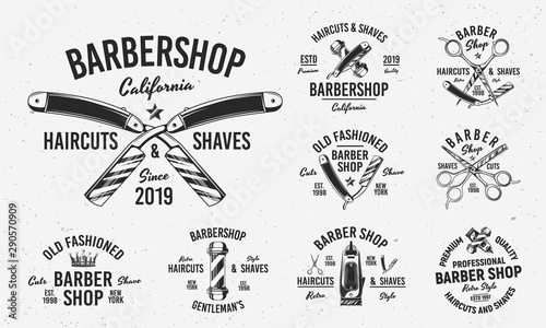 Collection of Barbershop emblems, labels, badges. Set of 9 logo templates. Trendy monochrome style. Vector templates