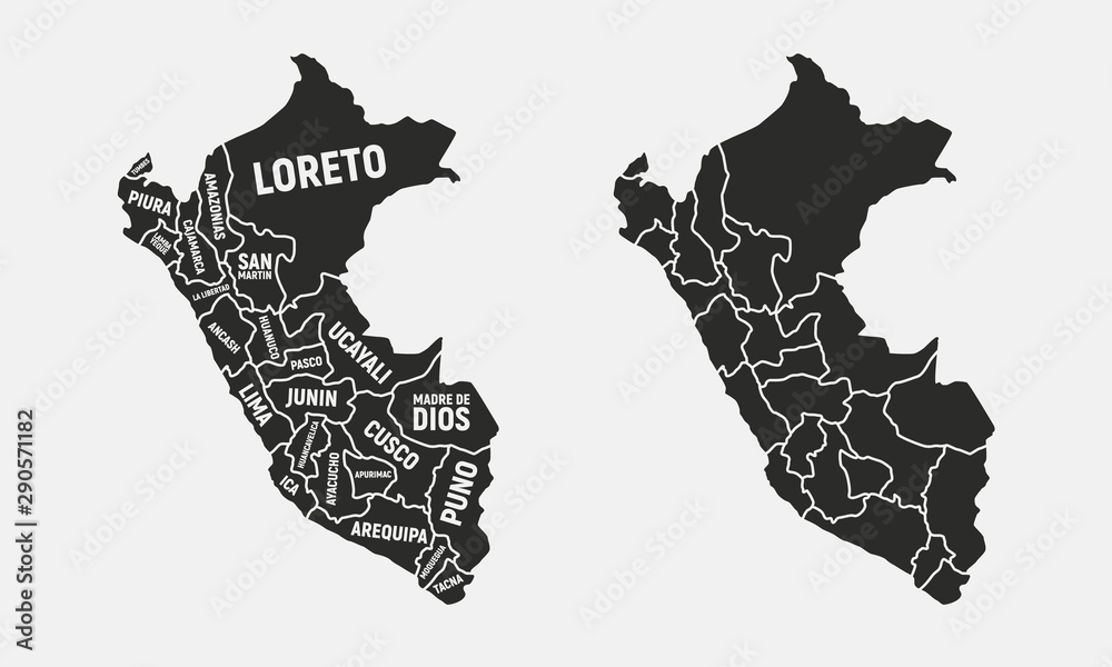 Peru map. Poster map of Peru with state names. Peru states map background. Vector illustration