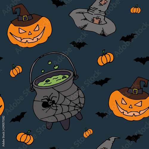 Halloween seamless background with pumpkins, bats, witchs potion and witchs hat