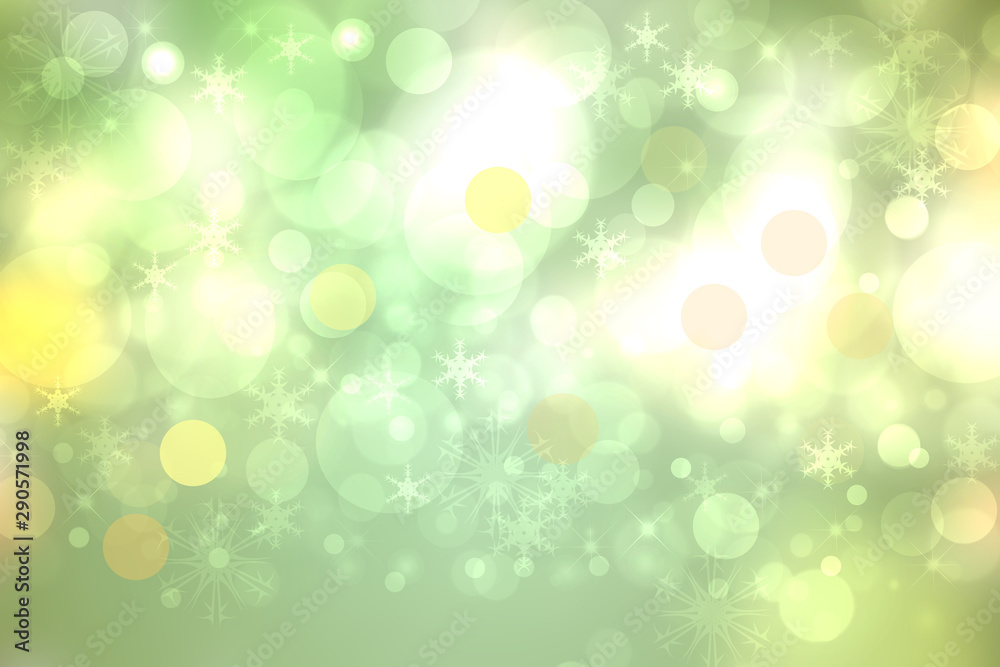Abstract blurred festive light green white winter christmas or Happy New Year background texture with yellow bokeh circles and stars. Card concept. Abstract blurred festive light green white winter christmas or Happy New Year background texture with yellow bokeh circles and stars. Card concept.