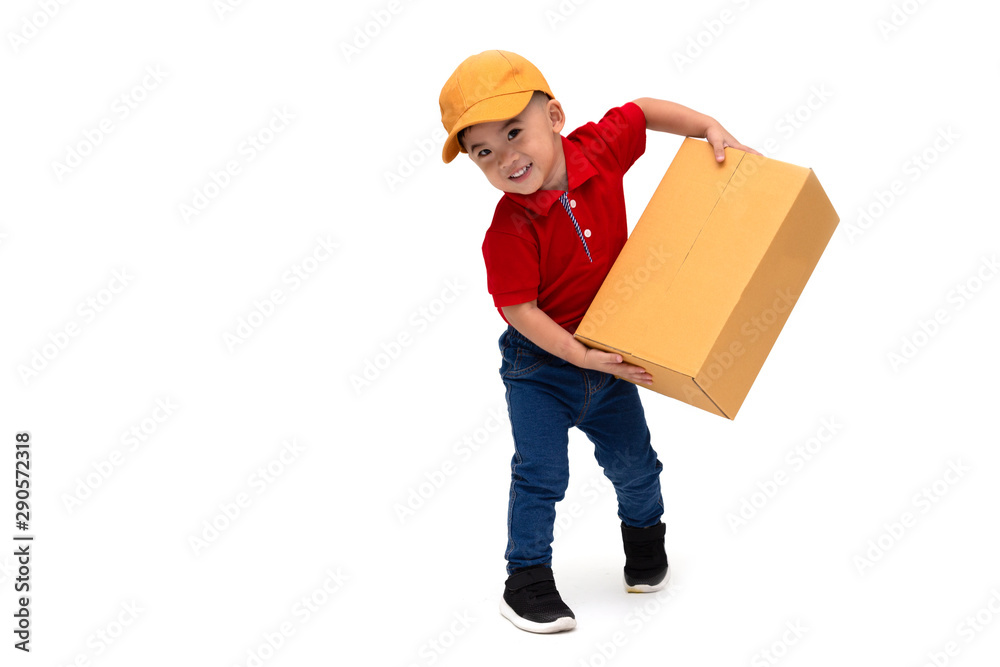 Happy kid Asian boy delivery man in yellow cap and red shirt standing with parcel post box isolated over white background, Two year one month old Happy kid Asian boy delivery man in yellow cap and red shirt standing with parcel post box isolated over white background, Two year one month old
