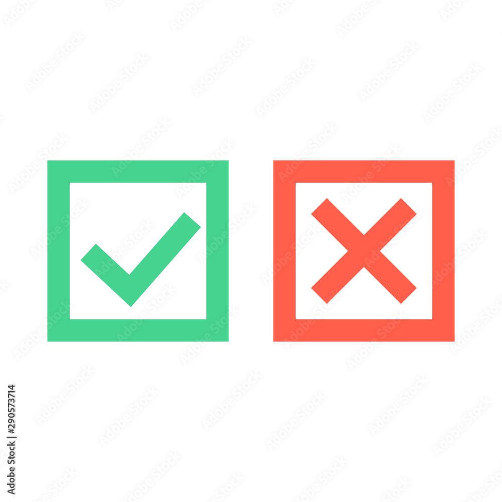 Check mark icons. Green tick and red cross checkmarks icons set. Flat cartoon style. Vector illustration. Check mark icons. Green tick and red cross checkmarks icons set. Flat cartoon style. Vector illustration.
