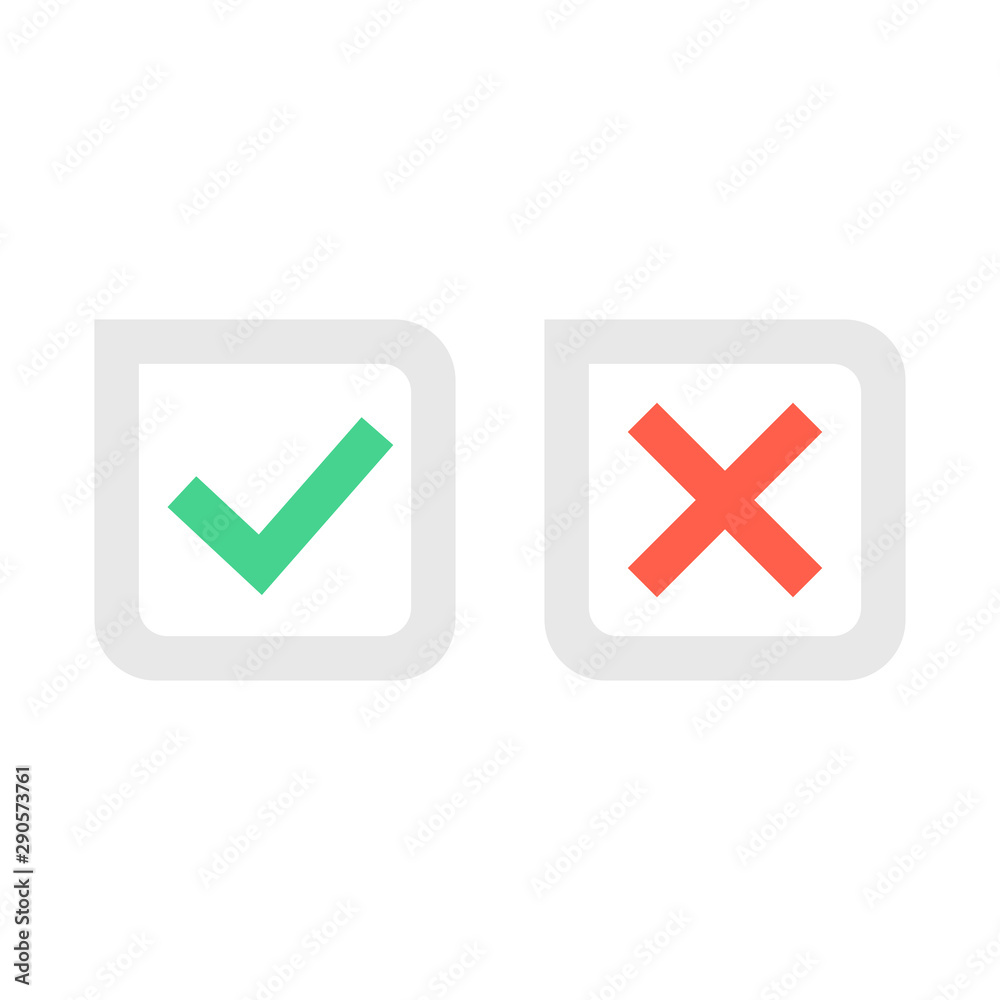 Check mark icons. Green tick and red cross checkmarks icons set. Flat cartoon style. Vector illustration. Check mark icons. Green tick and red cross checkmarks icons set. Flat cartoon style. Vector illustration.