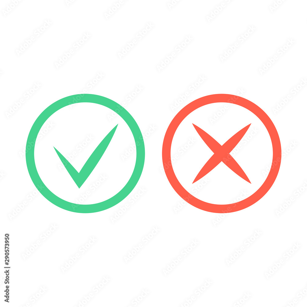 Check mark icons. Green tick and red cross checkmarks icons set. Flat vector illustration. Check mark icons. Green tick and red cross checkmarks icons set. Flat vector illustration.