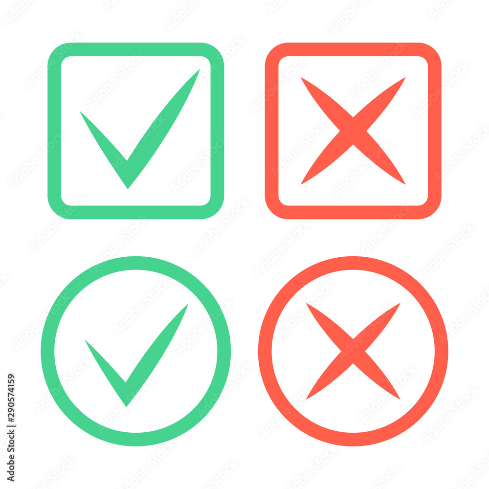 Check mark icons. Green tick and red cross checkmarks icons set. Vector illustration. Check mark icons. Green tick and red cross checkmarks icons set. Vector illustration.