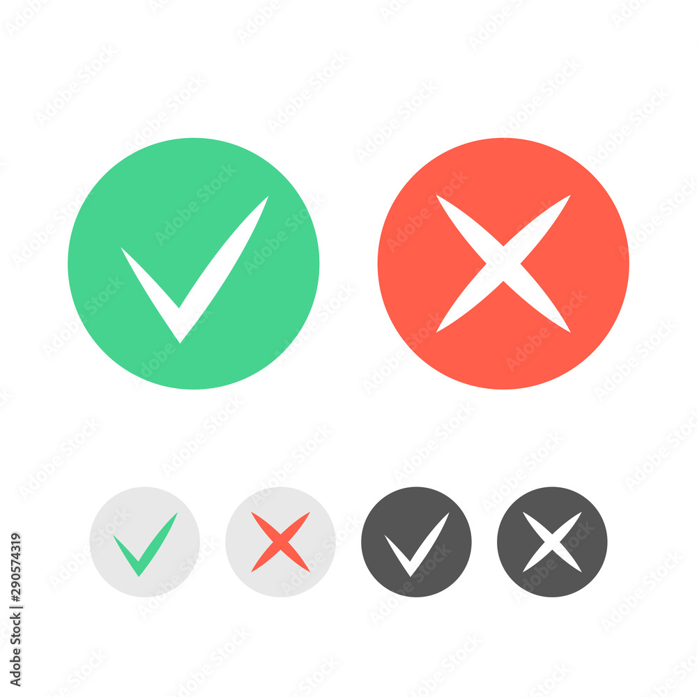 Check mark icons. Green tick and red cross checkmarks icons set. Vector illustration. Check mark icons. Green tick and red cross checkmarks icons set. Vector illustration.