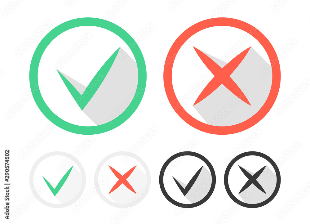 Check mark icons set. Tick and cross checkmarks icons with shadow. Vector illustration. Check mark icons set. Tick and cross checkmarks icons with shadow. Vector illustration.