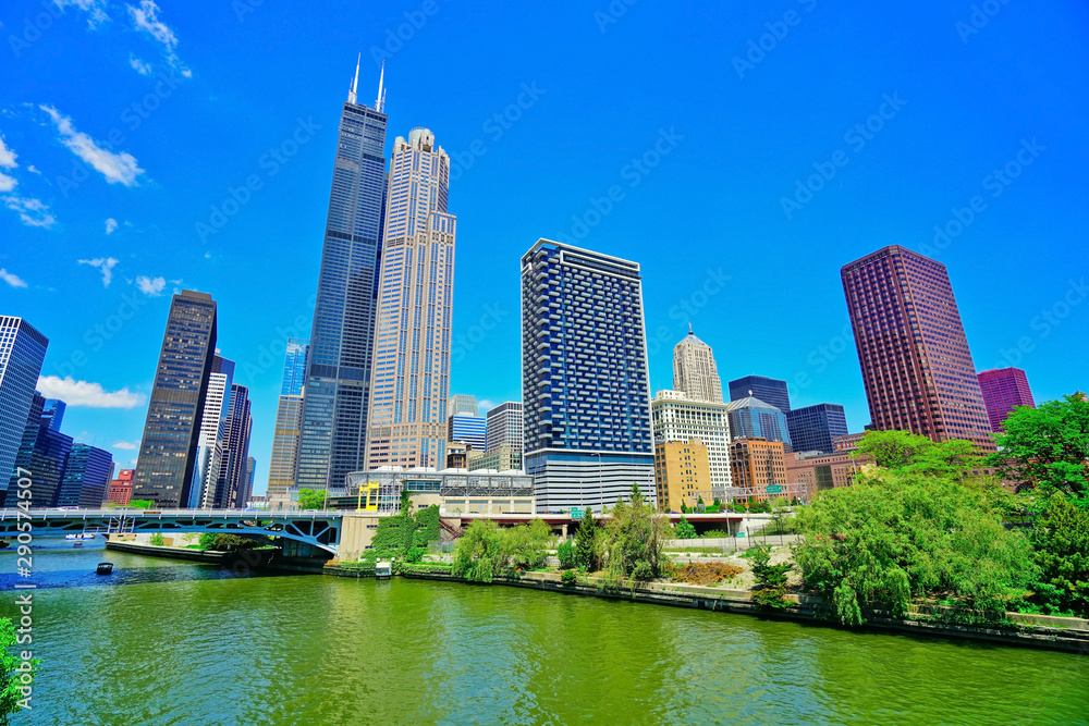 Naklejka premium View of the Chicago River with the skyline of Chicago on a sunny day.