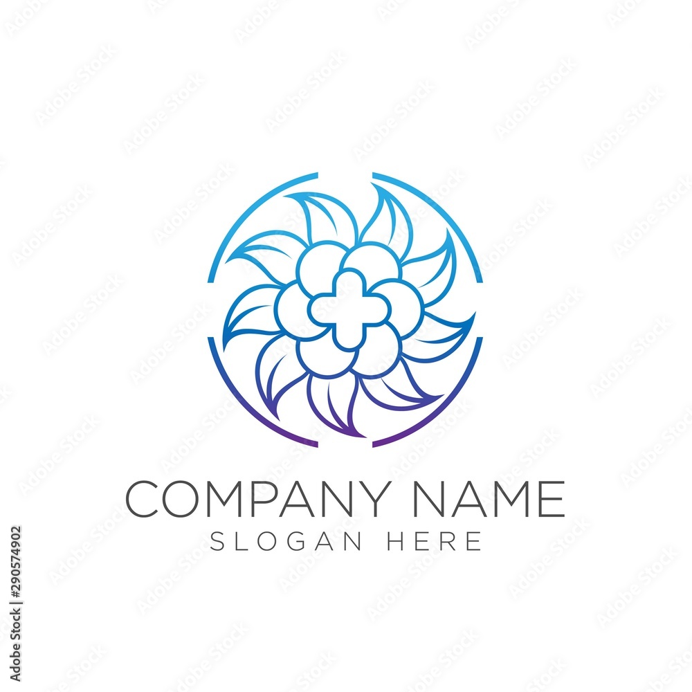 Fototapeta premium Medical cross and herbal leaf. medicine pharmacy logo