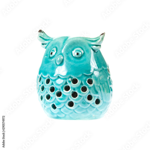 Blue ceramic owl on white background photo