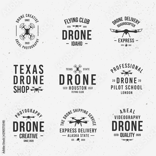 Collection of Drone logos, emblems, labels, badges. Set of 9 logo templates. Drone business. Vector illustration