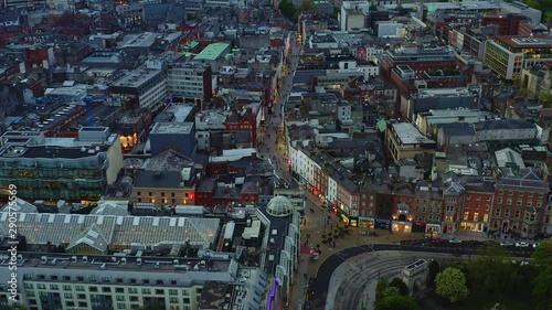 Aerial of Grafton pedestrian street and Fusilier’s arch in Dublin at night photo