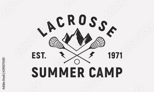 Lacrosse summer camp logo template. Trendy vintage design. Lacrosse sticks, ball and mountains isolated on white background. Lacrosse vector emblem
