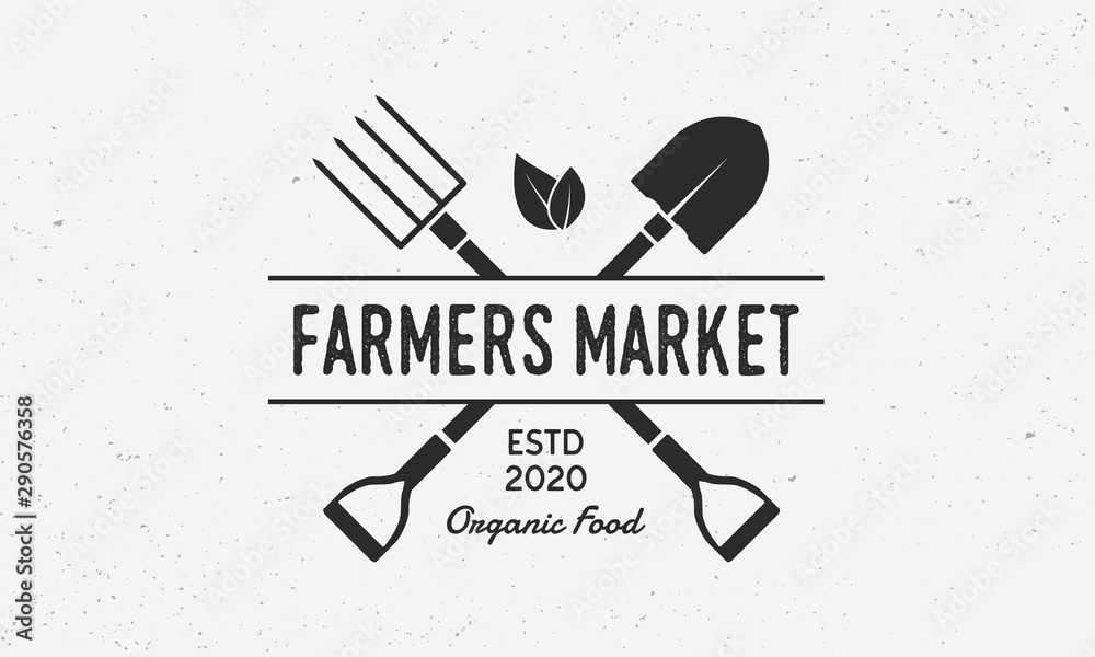 Farmers Market vintage logo. Organic food store logo with shovel and