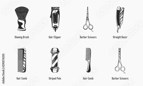 Set of vintage monochrome barbershop tools and items. Shaving and hairdressing icons. Shaving brush, hair clipper, barber scissors, stripped pole, hair comb, straight razor. Vector illustration