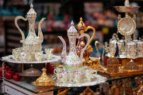 Silver tea set in an oriental gift shop. Tea ceremony.