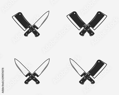 Set of butcher shop icons. Crossed meat knives. Meat cleaver and chef knife isolated on white background. Vector illustration
