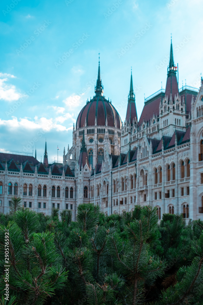 Close-up view to a dome of Hungarian Parliament building and its details, Budapest. Hungary