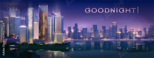 Stock vector illustration background city night in neon style architecture buildings and monuments town country travel flyer. Eps 10.