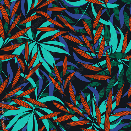 Seamless tropical pattern with plants and leaves in bright multi-colored colors. Beautiful print with hand drawn exotic plants. Modern abstract design for fabric, paper, interior decor