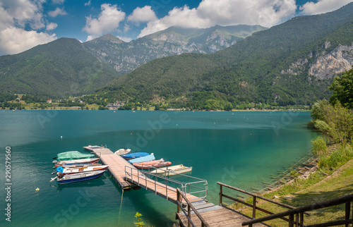 The lake Lago di Ledro among the Alps in the Trentino district.