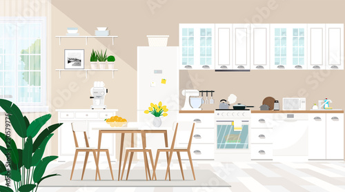 Modern interior of the kitchen and dining room with furniture, dishes, window, household appliances. 