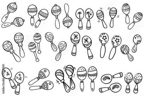 Set Cartoon Maracas on white background. Coloring page adult and kids. Musical instrument Mexico maracas. Vector illustration. - Vector