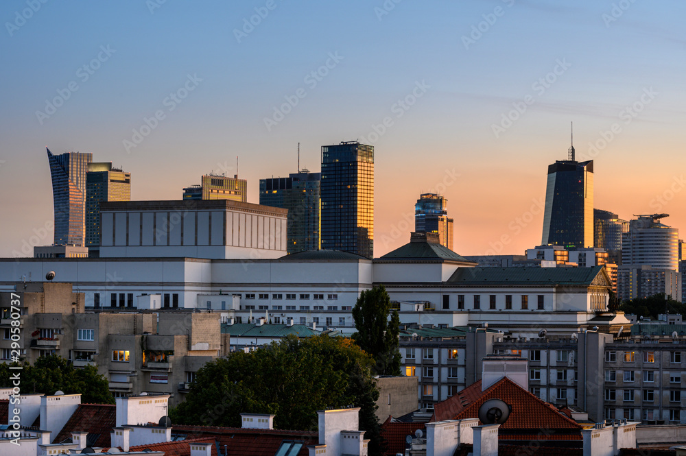 Sunset over Warsaw downtown