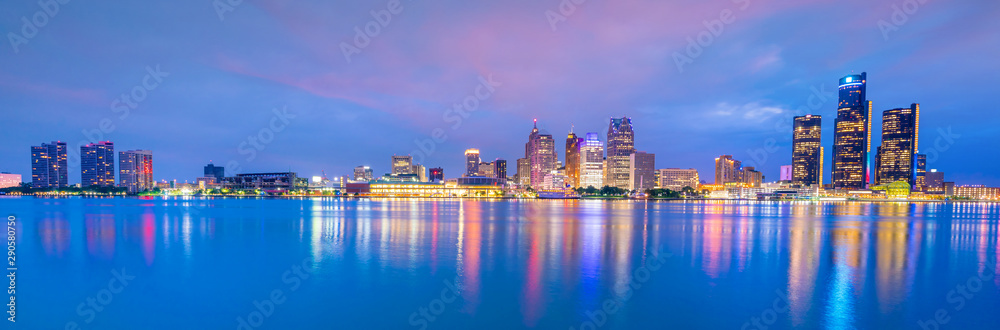 Detroit skyline in Michigan, USA at sunset