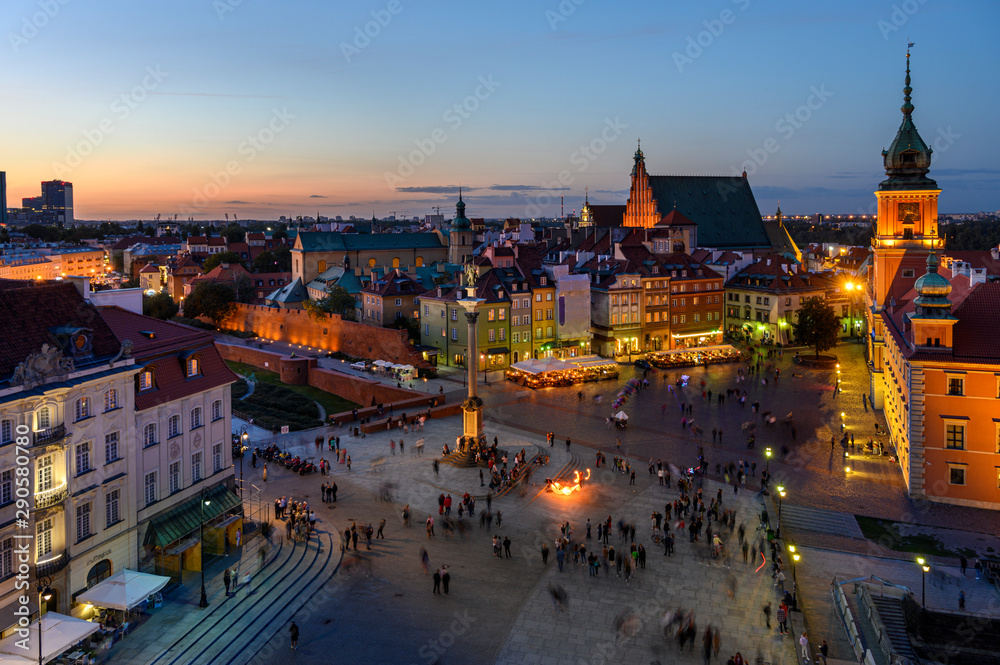Panorama of Royal Castle in Warsaw during sunset