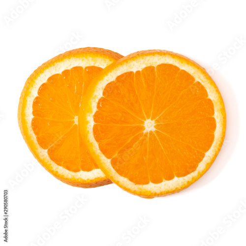Orange fruit slice layout isolated on white background closeup. Food background. Flat lay  top view.