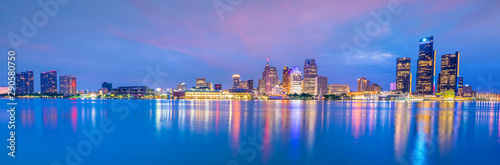 Detroit skyline in Michigan  USA at sunset