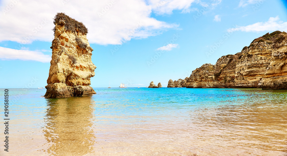 Marinha beach - one of the most famous beaches of Portugal, on the Atlantic coast in Lagoa Municipality, Algarve.