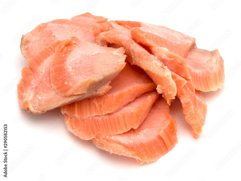 smoked salmon segments isolated on white background cutout. Prepared fish fillet fibres. smoked salmon segments isolated on white background cutout. Prepared fish fillet fibres.