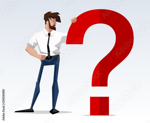 Successful beard businessman character have a question. Business man standing with question mark and thinking. Manager think about something. Business concept illustration. photo