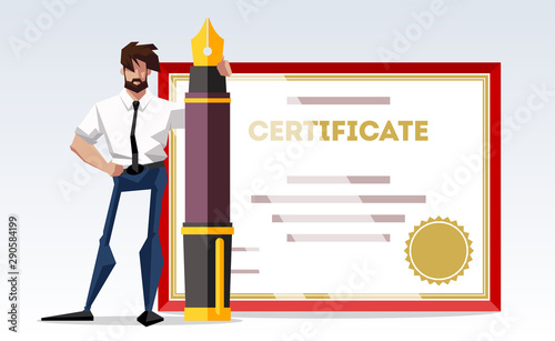 flat design illustration of a character businessman proudly stands with a big certificate and a fountain pen. Flat design banner isolated on white background manager or student with a diploma