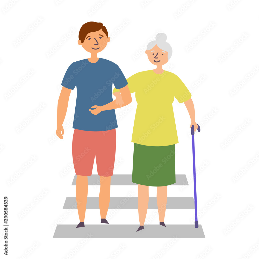 The guy helps the grandmother with disabilities cross the road. The manifestation of kindness. Editable vector illustration