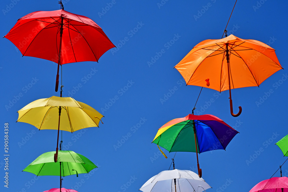Les Andelys; France - july 2 2019 : umbrellas in a street