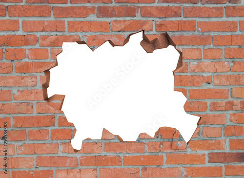 Fototapeta Naklejka Na Ścianę i Meble -  Destroyed brick wall. There is an isolated space for your photo or text