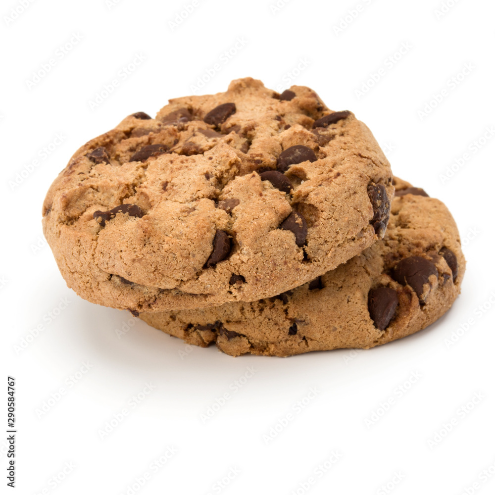 Two Chocolate chip cookies isolated on white background. Sweet biscuits. Homemade pastry. Two Chocolate chip cookies isolated on white background. Sweet biscuits. Homemade pastry.