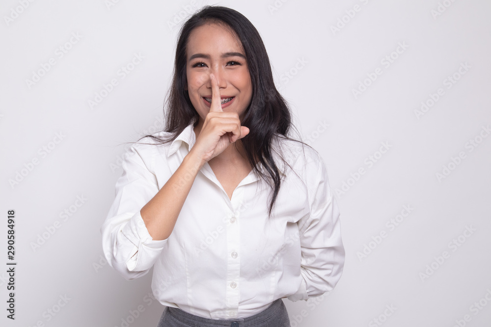 Asian girl smile show quite hand sign. Asian girl smile show quite hand sign.