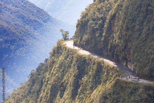 Bolivia,  cyclists on death road panoramic view photo