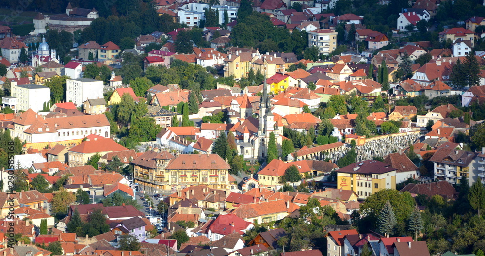 Aerial view. Racadau cvartal in south of the city Brasov, Transylvania. Typical urban landscape. Brasov is the center of Romania
