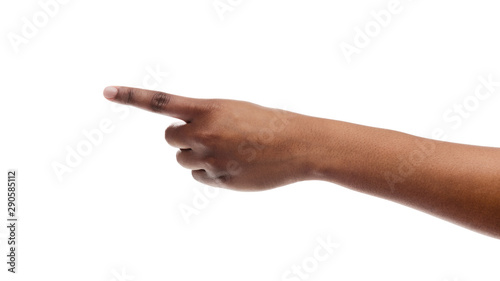 Woman's hand showing number one with fingers on white background
