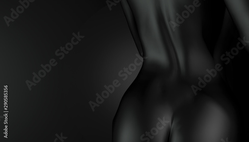 Perfect naked body, black buttocks and back of a sexy woman on a dark background. Art Nude. 3D rendering.