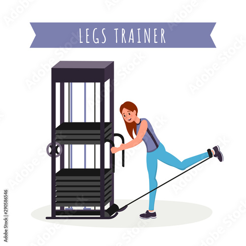 Legs training apparatus flat vector illustration. Female fitness trainer, athlete working out with gym equipment cartoon character. Physical training exercise, healthy lifestyle, bodybuilding banner