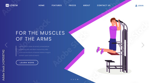 Arms muscles workout station landing page template. Healthy lifestyle, bodybuilding website homepage interface idea with flat illustrations. Sport club equipment web banner, webpage cartoon concept