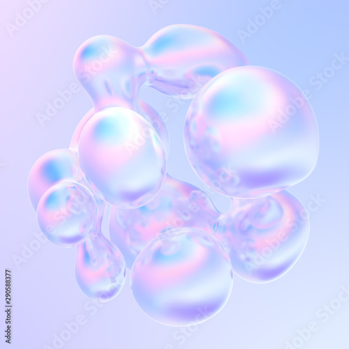 Glowing liquid dynamic metallic bubbles in holographic colors. Liquid metal splash. Fluid design 3d shape. 3d rendering.